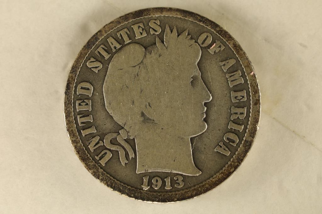 SEMI-KEY 1913-S SILVER BARBER DIME SOLID GOOD (1 of 2)