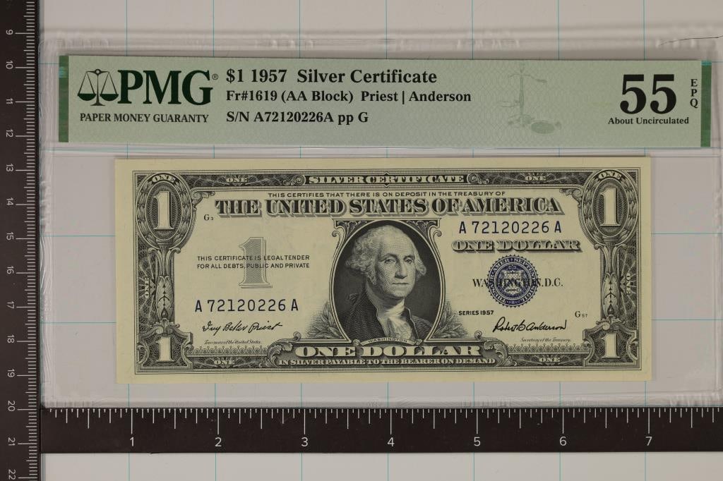 1957 US $1 SILVER CERT. PMG 55 ABOUT UNC. FR#1619 (1 of 2)