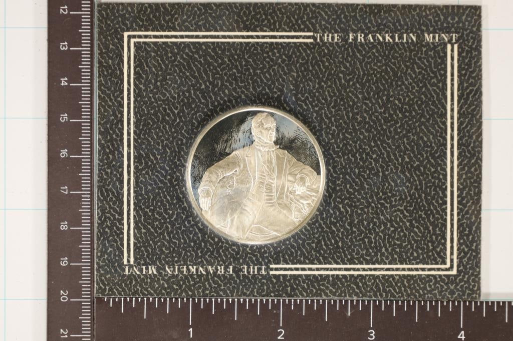 .82 OZ. PF STERLING SILVER PRESIDENTIAL ROUND: JOHN TYLER IN ORIGINAL FRANKLIN MINT PACKAGING