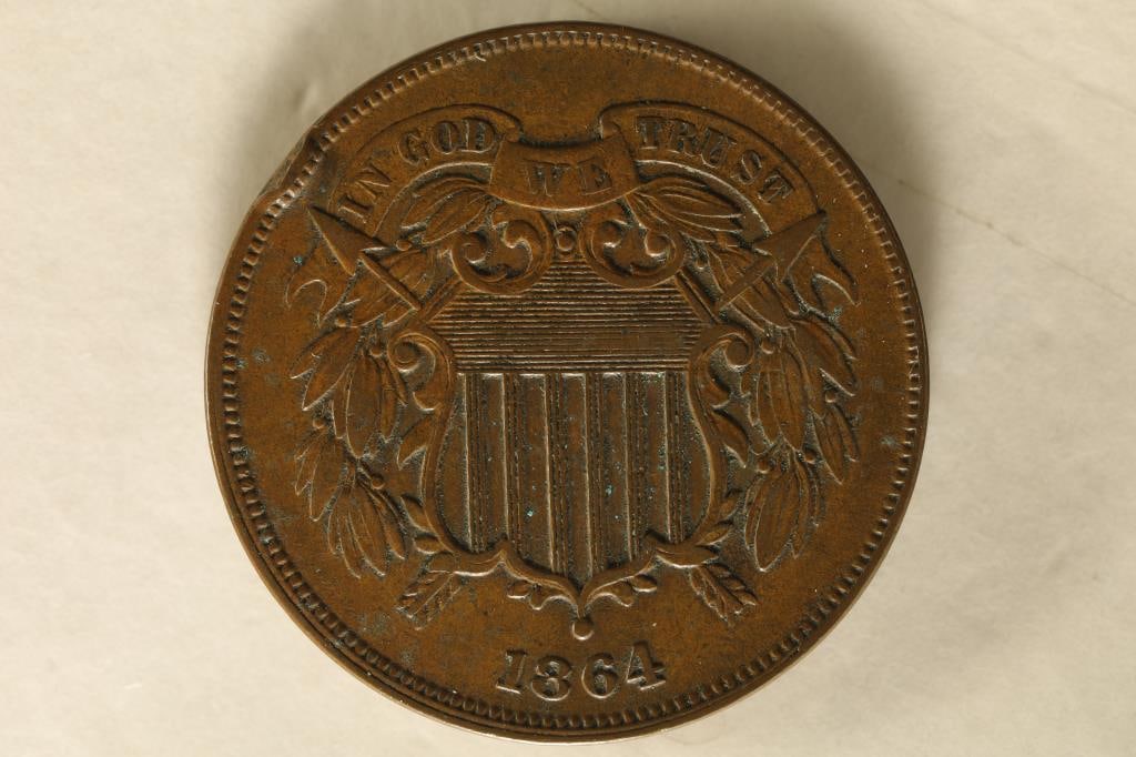 1864 LARGE MOTTO US TWO CENT PIECE EF RIM BUMP (1 of 2)