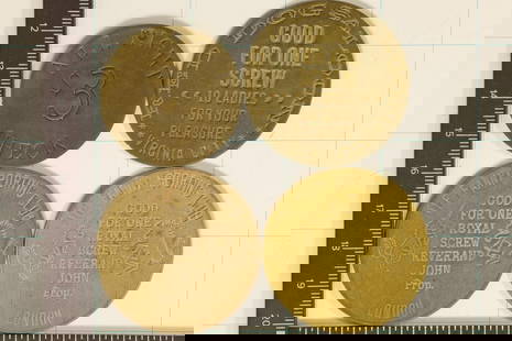 4-VINTAGE BROTHEL TOKENS $3 ALL NIGHT CHECK,: GOOD FOR ONE SCREW VIRGINIA CITY, RED DOG SALOON AND 2-THE FANNY SPORTING CLUB (GOOD FOR ONE ROYAL SCREW LONDON)