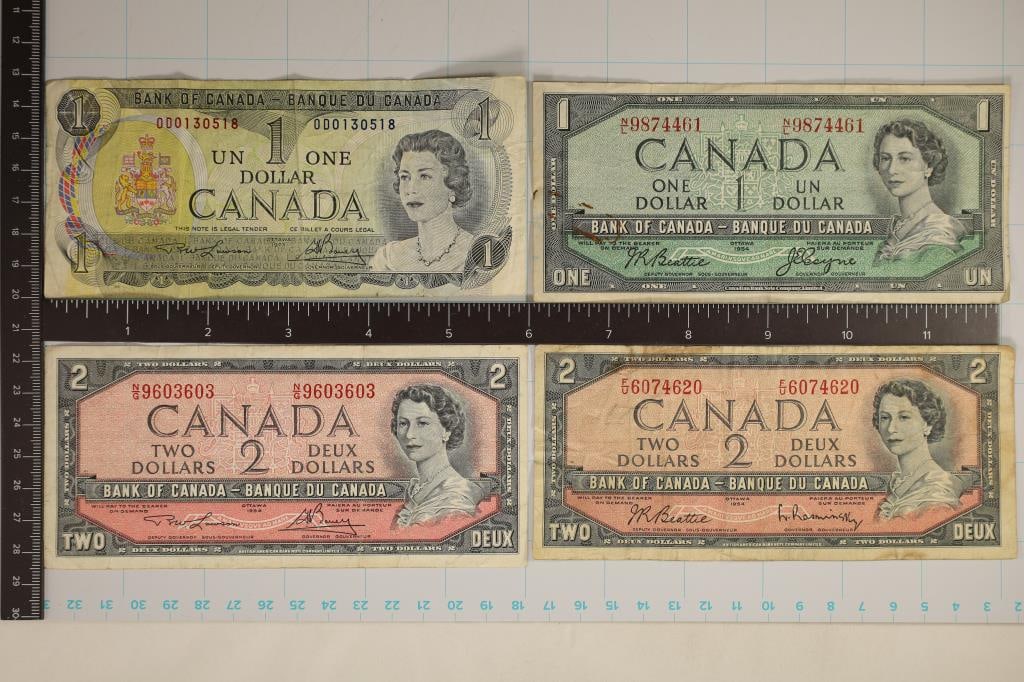 4-CANADA BILLS 1-1954 $1, 1973-$1 AND 2-1954 $2: WATCH FOR OUR NEXT AUCTION ON (MONDAY DEC. 18TH, 2023) AT 7PM EASTERN TIME. THANKS FOR YOUR BUSINESS.