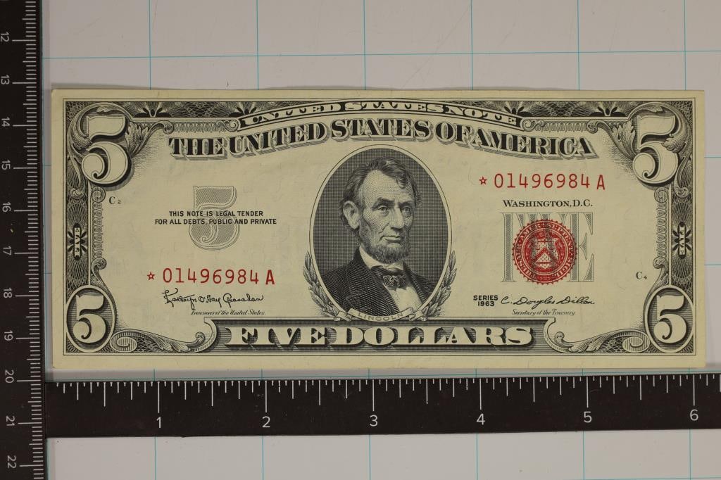 1963 US $5 RED SEAL STAR NOTE CRISP (1 of 2)
