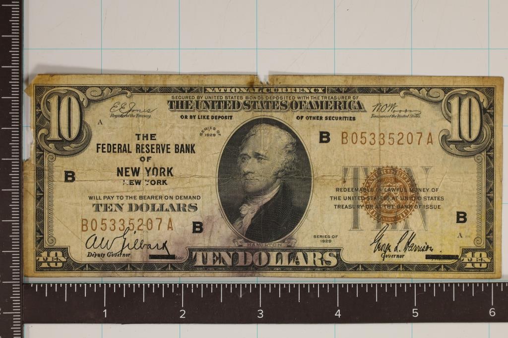1929 US $10 NATIONAL CURRENCY FEDERAL RESERVE: BANK OF NEW YORK, LEFT EDGE IS TATTERED AND SMALL TEAR ON TOP OF BILL PLUS SOME PINK STAINS