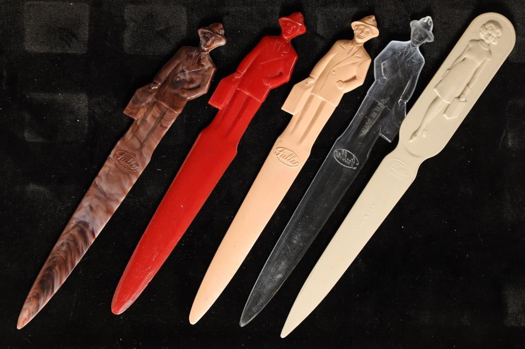 5-BAKELITE 7 1/2'' FULLER BRUSH COMPANY LETTER: OPENERS ALL DIFFERENT COLORS, 4 MEN AND ONE HAS MAN ON ONE SIDE AND A WOMAN ON THE OTHER SIDE