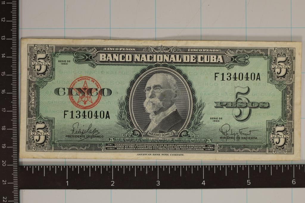 1960 CUBA 5 PESO BILL: WATCH FOR OUR NEXT AUCTION ON (MONDAY DEC. 18TH, 2023) AT 7PM EASTERN TIME. THANKS FOR YOUR BUSINESS.