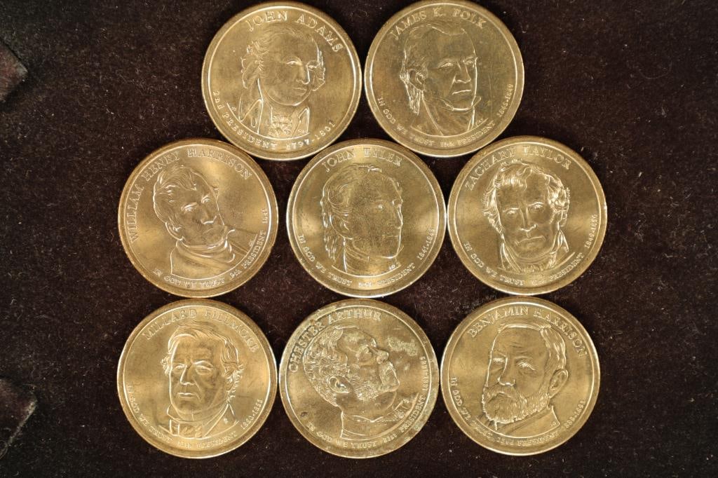 8 PRESIDENTIAL $1 UNC COINS: 2007-P JOHN ADAMS,: 2009-P JAMES POLK, WILLIAM HARRISON, ZACHARY TAYLOR AND JOHN TYLER, 2010-P MILLARD FILLMORE, 2012-D BENJAMIN HARRISON AND 2012-P CHESTER ARTHUR.