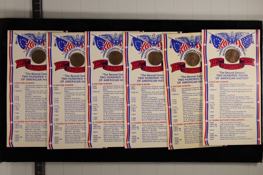 6-1976 LINCOLON BICENTENNIAL PENNY EACH HAS: A STAMP ON THE RIGHT OF THE US AND A STAMP ON THE LEFT OF THE LIBERTY BELL. EACH ON INFO CARDS