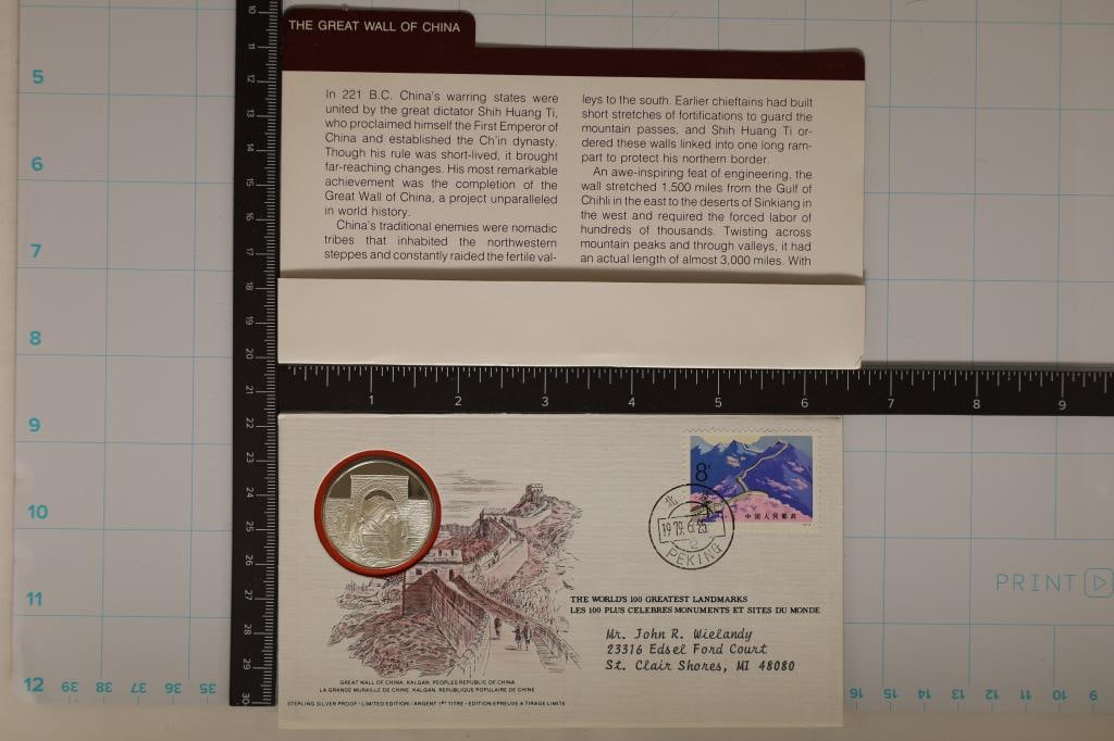 13.9 GRAMS PF STERLING SILVER ROUND IN FDC: GREAT WALL OF CHINA WORLD'S 100 GREATEST LANDMARKS, BY THE FRANKLIN MINT