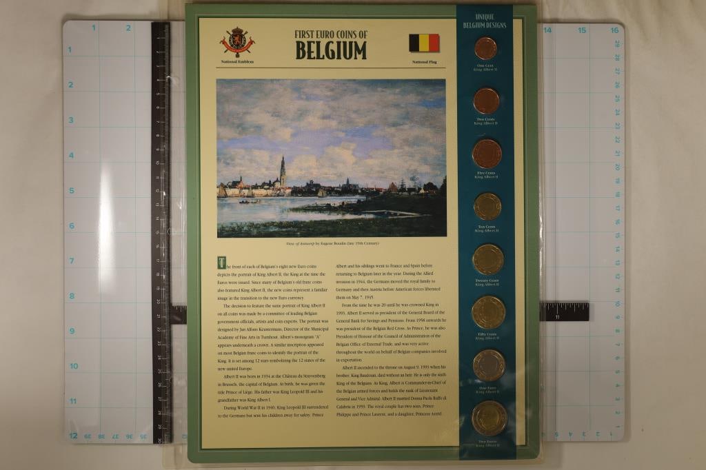 1999-2001 BELGIUM 8 COIN BRILLIANT UNC SET ON: LARGE INFO CARD IN PLASTIC SLEEVE, 1ST EURO COINS OF BELGIUM