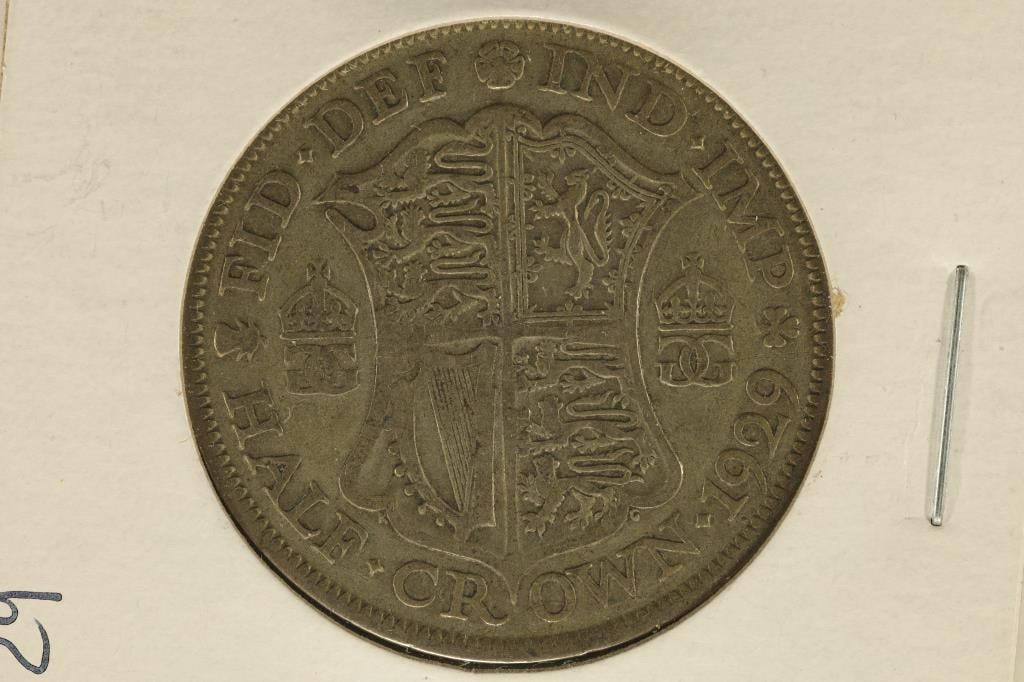 1929 GREAT BRITAIN SILVER HALF CROWN .2273 OZ. ASW: WATCH FOR OUR NEXT AUCTION ON (MONDAY DEC. 25TH, 2023) AT 7PM EASTERN TIME. THANKS FOR YOUR BUSINESS.