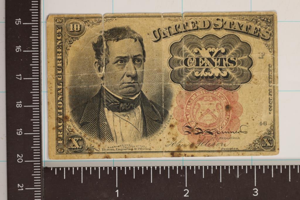 1874 US 10 CENT FRACTIONAL CURRENCY SMALL TEAR (1 of 2)