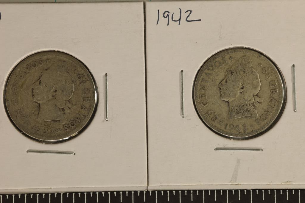 1937 & 1942 DOMINICAN REPUBLIC SILVER 25 CENTAVOS: .3616 OZ. ASW TOTAL (.1808 OZ. ASW EACH)