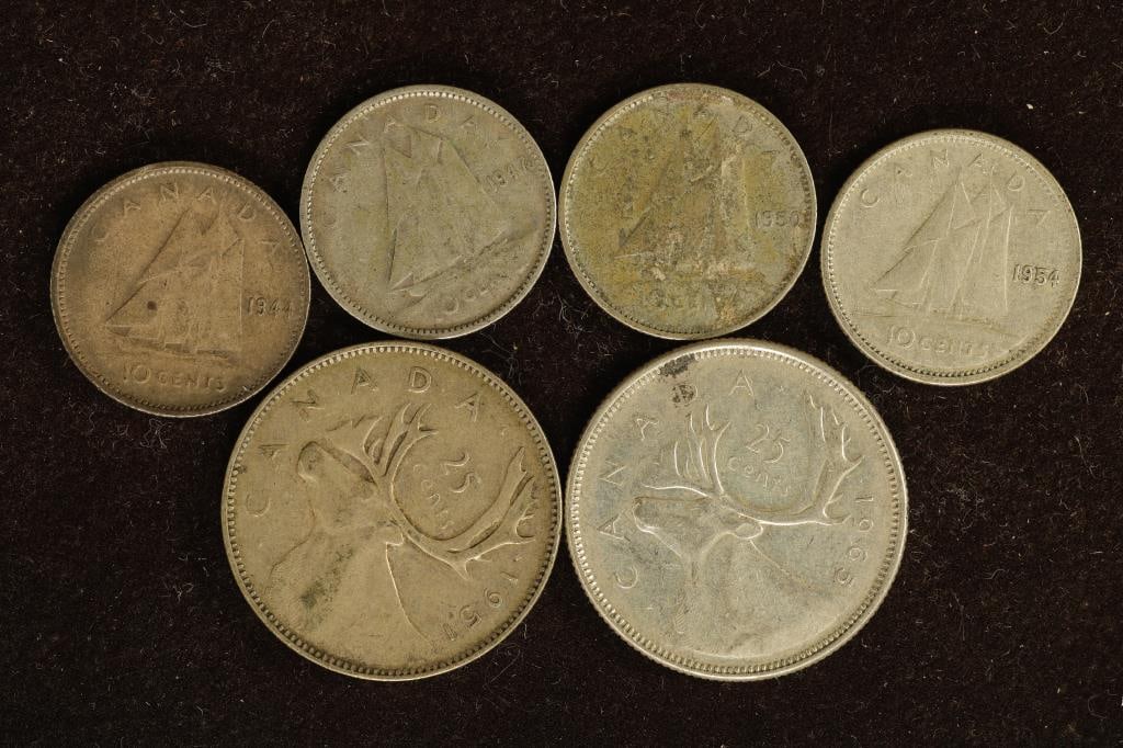 6 CANADA SILVER COINS: 1951 & 1965 TWENTY FIVE (1 of 2)