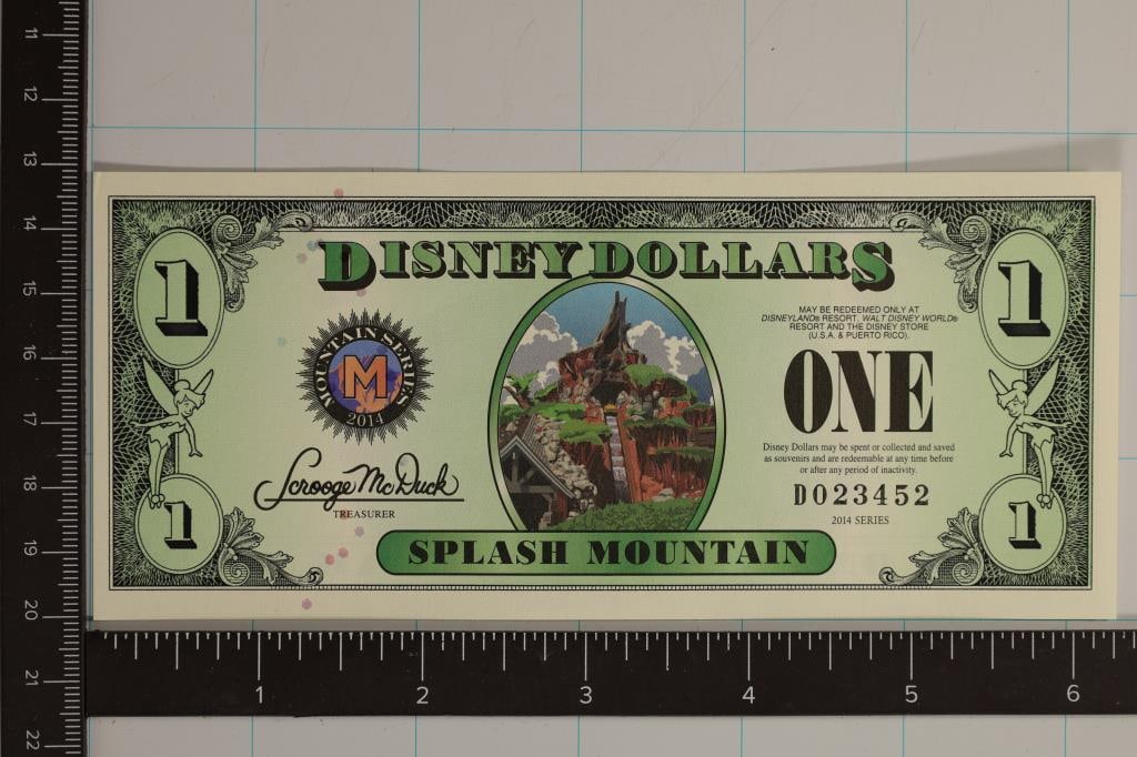 2014 ONE DISNEY DOLLAR COLORIZED CRISP UNC BILL: SPLASH MOUNTAIN