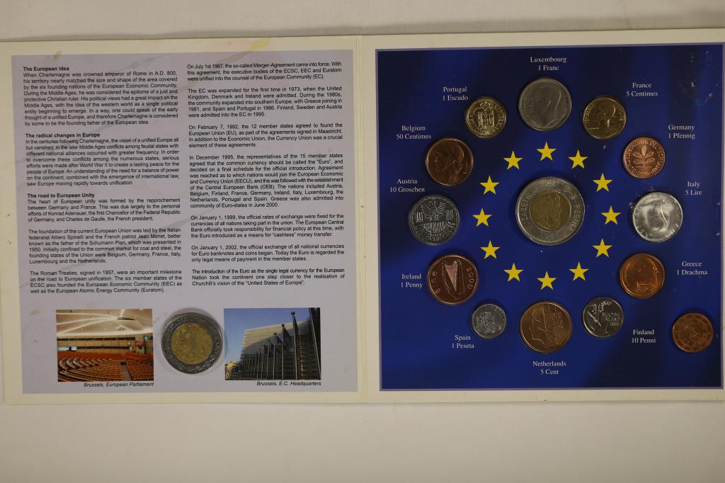 EURO ZONE COUNTRIES COLLECTION OF THE LAST: NATIONAL COINS. INCLUDES: LUXEMBOURG, FRANCE, GERMANY, ITALY, GREECE, FINLAND, NETHERLANDS, SPAIN, IRELAND, AUSTRIA, BELGIUM AND PORTUGAL. 15 COINS TOTAL, ORIGINAL MINT PACKAGING