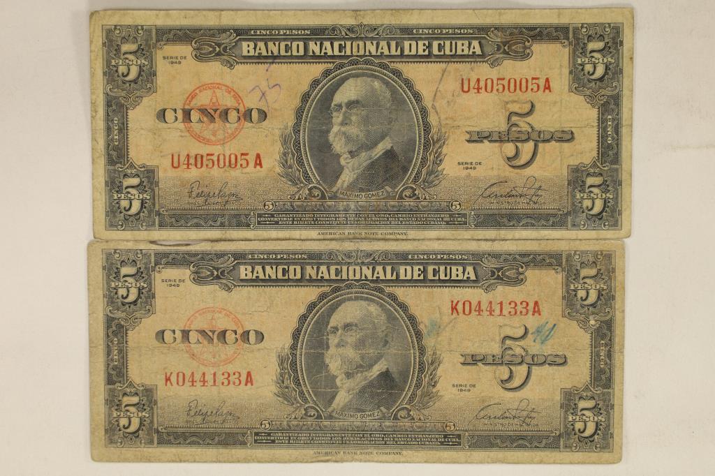 2-1949 BANK OF CUBA 5 PESO BILLS: SOME WRITING ON: OBVERSE OF BOTH BILLS