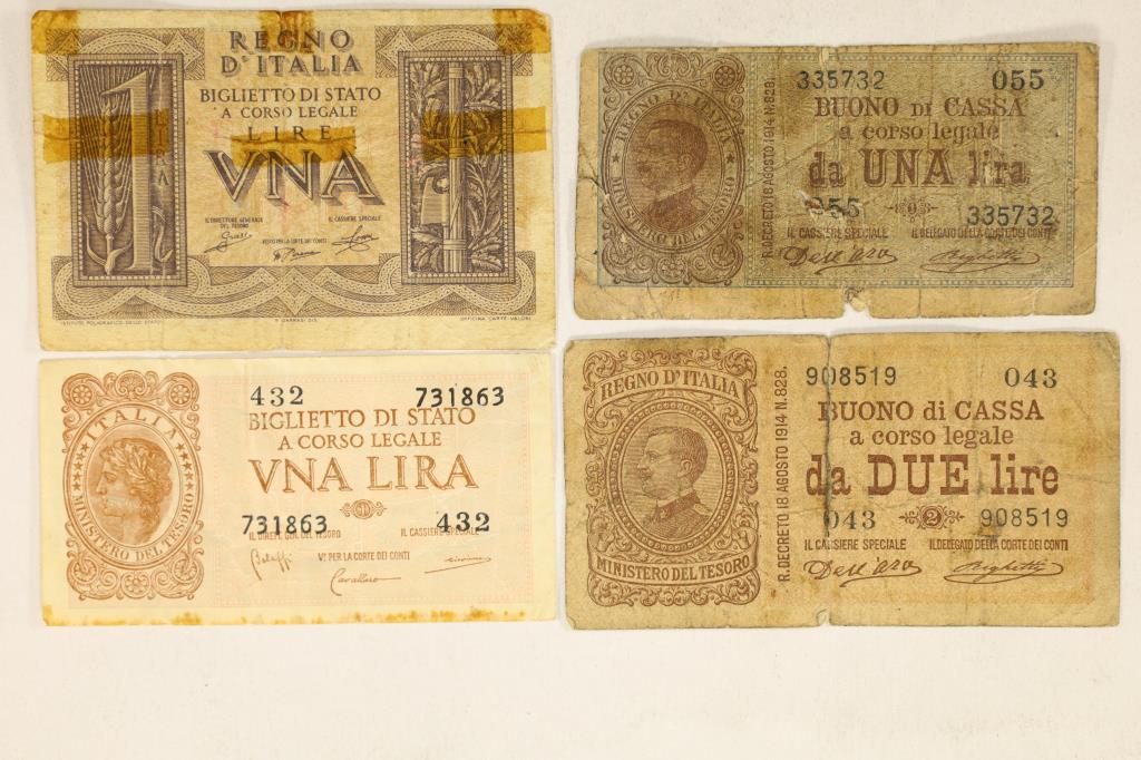4-ITALIAN BANK NOTES 2-1914-2 LIRE & 1-1944-1 LIRE: AND 1-1939-1 LIRE (TAPED). ONE OF THE 1914'S HAS A TEAR IN THE CENTER