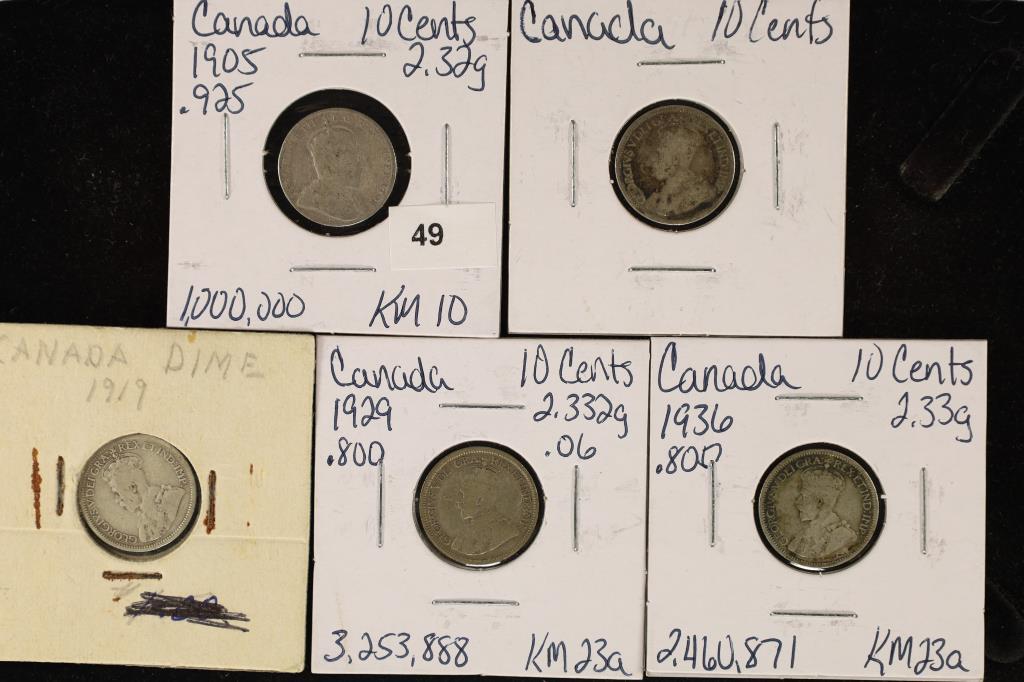 1905, 19, 29, 36 & 19?? CANADA SILVER 10 CENTS (1 of 2)