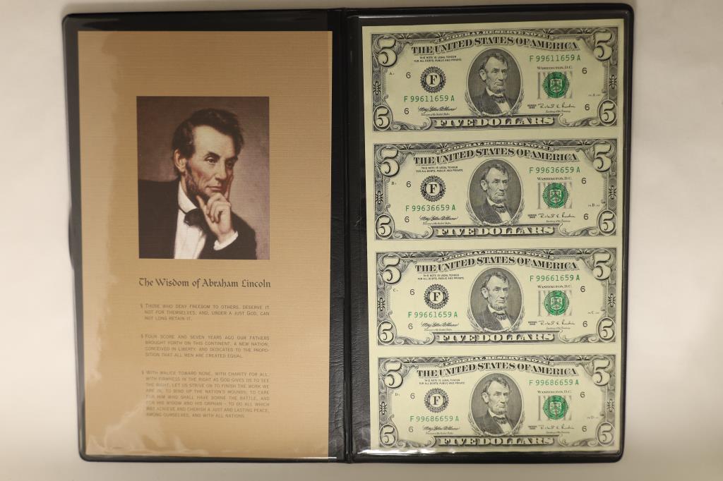 UNCUT SHEET OF 4-1995 US $5 FRN, CRISP UNC BILLS (1 of 2)