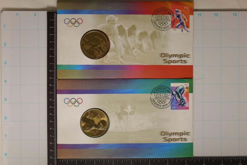2 -2000 AUSTRALIA OLYMPIC SPORTS $5 COINS IN FDC'S (1 of 2)