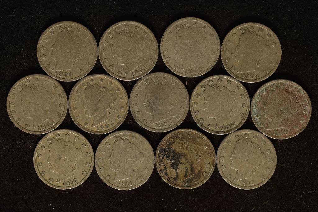 13-LIBERTY "V" NICKELS 1900-1912 ALL DIFFERENT (1 of 2)