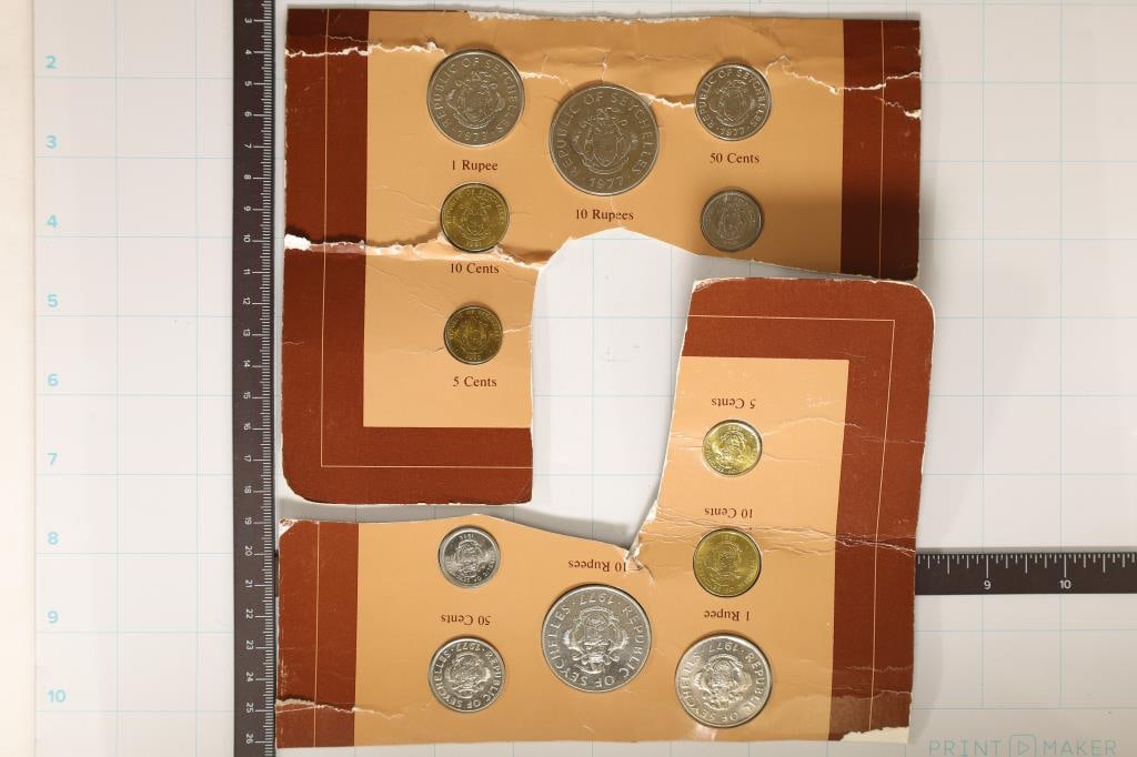 2 COIN SETS OF ALL NATIONS REPUBLIC OF SEYCHELLES: 6 UNC COINS ON CARDBOARD. COINS HAVE BEEN CUT FROM ORIGINAL CARD. 12 COINS TOTAL