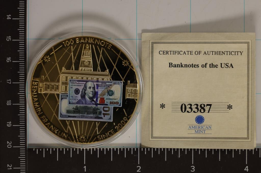 24KT LAYERED PROOF 2010 BANK NOTES OF AMERICA: $100 BENJAMIN FRANKLIN BY THE AMERICAN MINT IN HARD PLASTIC CAPSULE WITH CERT.