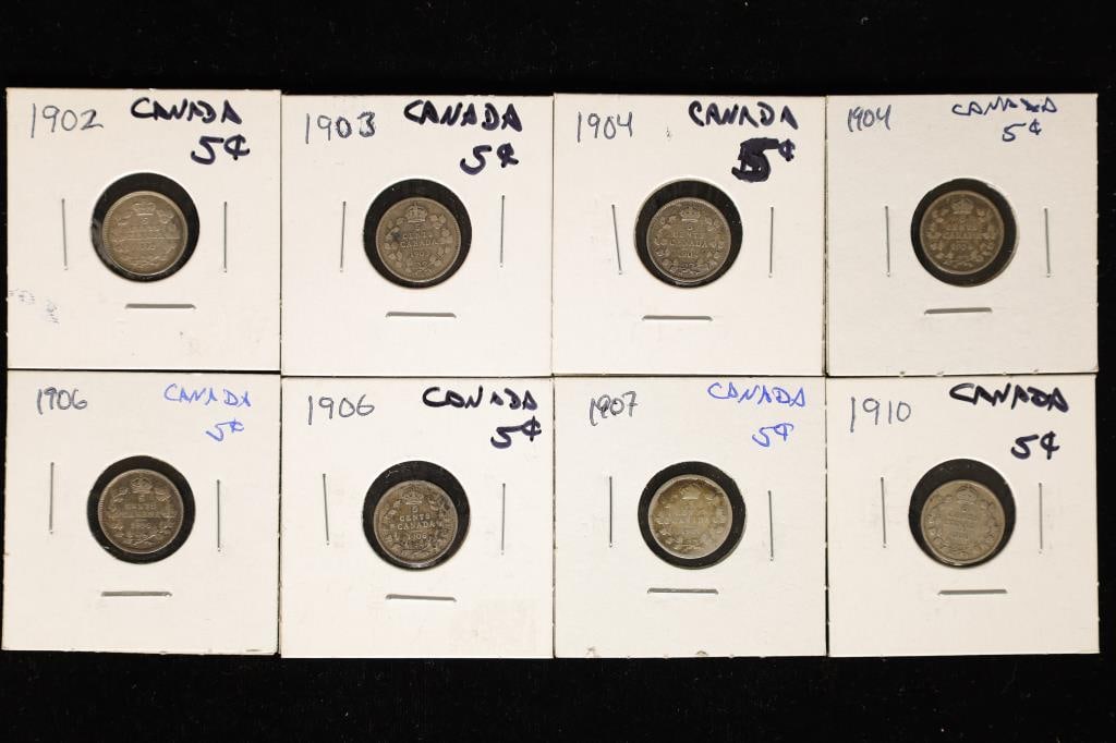 8 CANADA SILVER 5 CENT COINS: 1902, 1903, (1 of 2)