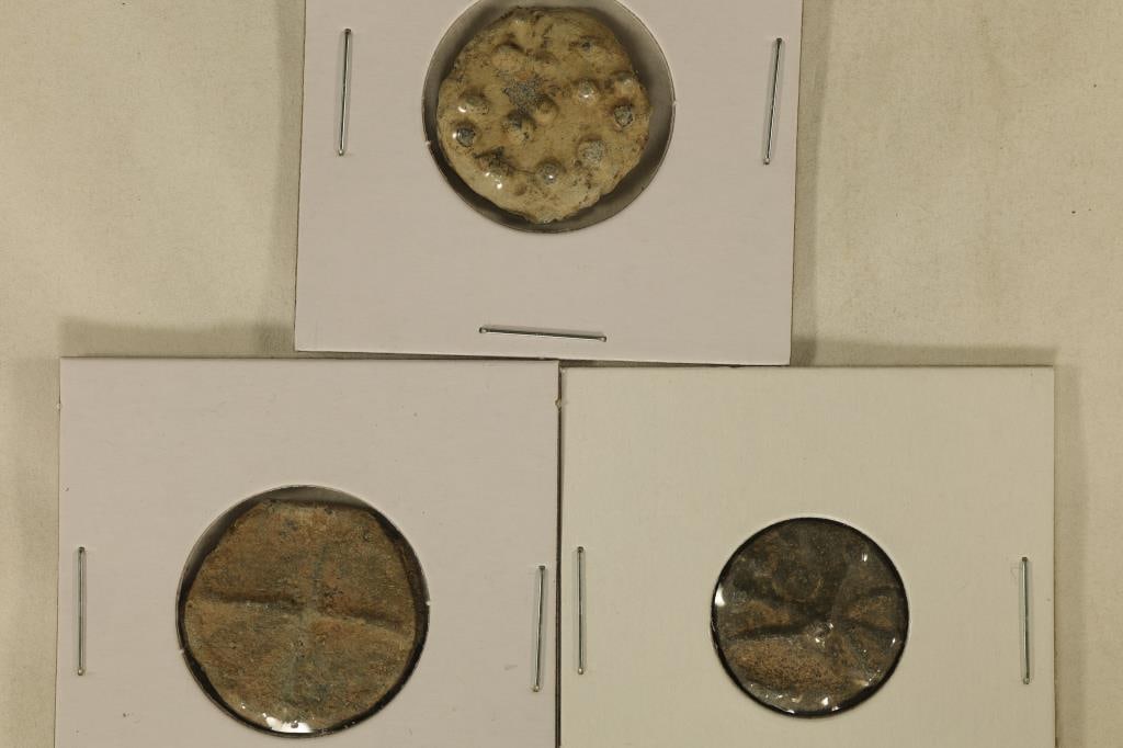 3 ANCIENT TO MEDIEVAL CLAY & LEAD MOLDED COIN SIZE: SEAL IMPRESSION, USED IN ANCIENT TIMES AS A FORM OF SIGNATURE