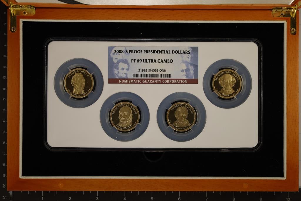 2008-S PROOF 4 COIN PRESIDENTIAL $1 SET. NCG: PF69 ULTRA CAMEO. IN WOODEN DISPLAY BOX