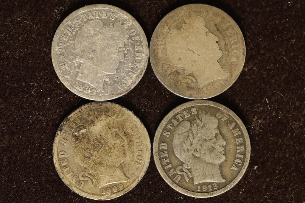 1897, 1901, 1909-O & 1913 SILVER BARBER DIMES (1 of 2)