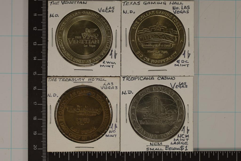 4-$1 METAL LAS VEGAS CASINO TOKENS: THE VENETIAN: TEXAS GAMING HALL, THE TREASURY AND TROPICANA CASINO