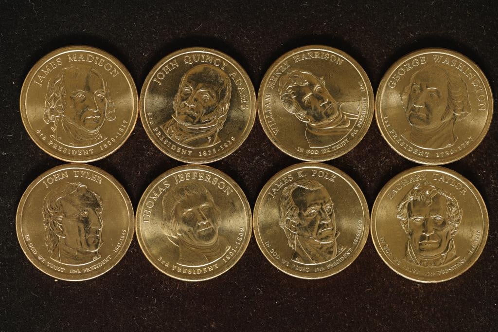 8 PRESIDENTIAL BRILLIANT UNC $1: JAMES MADISON,: JOHN ADAMS, WILLIAM HARRISON, GEORGE WASHINGTON, JOHN TYLER, THOMAS JEFFERSON, ZACHARY TAYLOR AND JAMES POLK