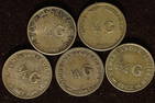 5 NETHERLANDS SILVER 1/4 GULDENS: 2-1944, 2-1947