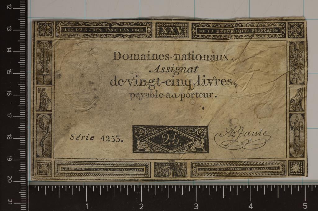 1793 FRANCE 25 LIVRES ASSIGNAT NOTE SOME PIN HOLES (1 of 2)