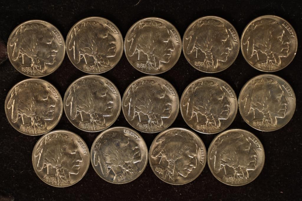 14 BRILLIANT UNC FULL DATE 1938-D BUFFALO NICKELS. (1 of 2)