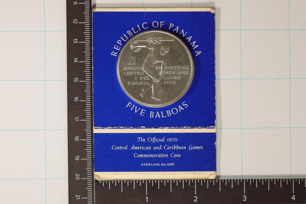 1970 PANAMA STERLING SILVER 5 BALBOAS UNC COIN: IN ORIGINAL MINT PACKAGING. OFFICIAL CENTRAL AMERICA AND CARIBBEAN GAMES COMMEMORATIVE