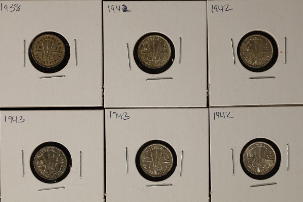 1938, 3-1942 & 2-1943 AUSTRALIA SILVER 3 PENCE: COINS. .2514 OZ. ASW. TOTAL (.0419 OZ. ASW. EACH) SOME NICER LOOKING COINS