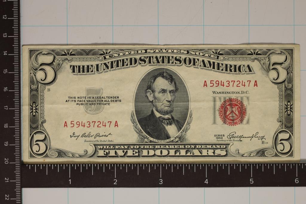 1953 US $5 NOTE RED SEAL (1 of 2)