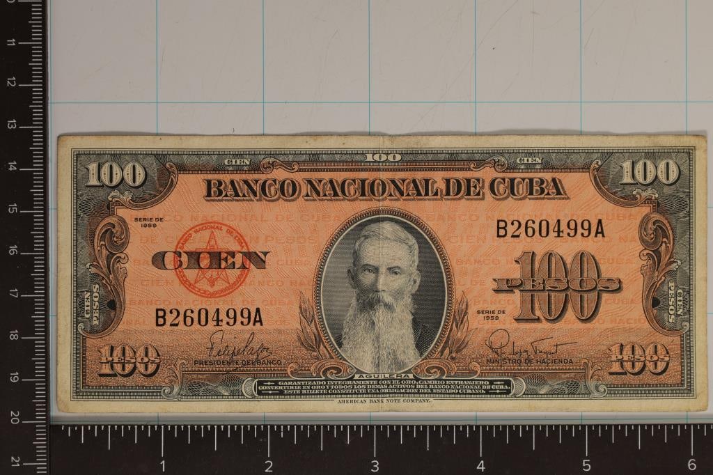 1959 CUBA 100 PESO BILL CRISP WITH FOLD IN CENTER: WATCH FOR OUR NEXT AUCTION ON (MONDAY JAN. 15TH, 2024) AT 7PM EASTERN TIME. THANKS FOR YOUR BUSINESS.