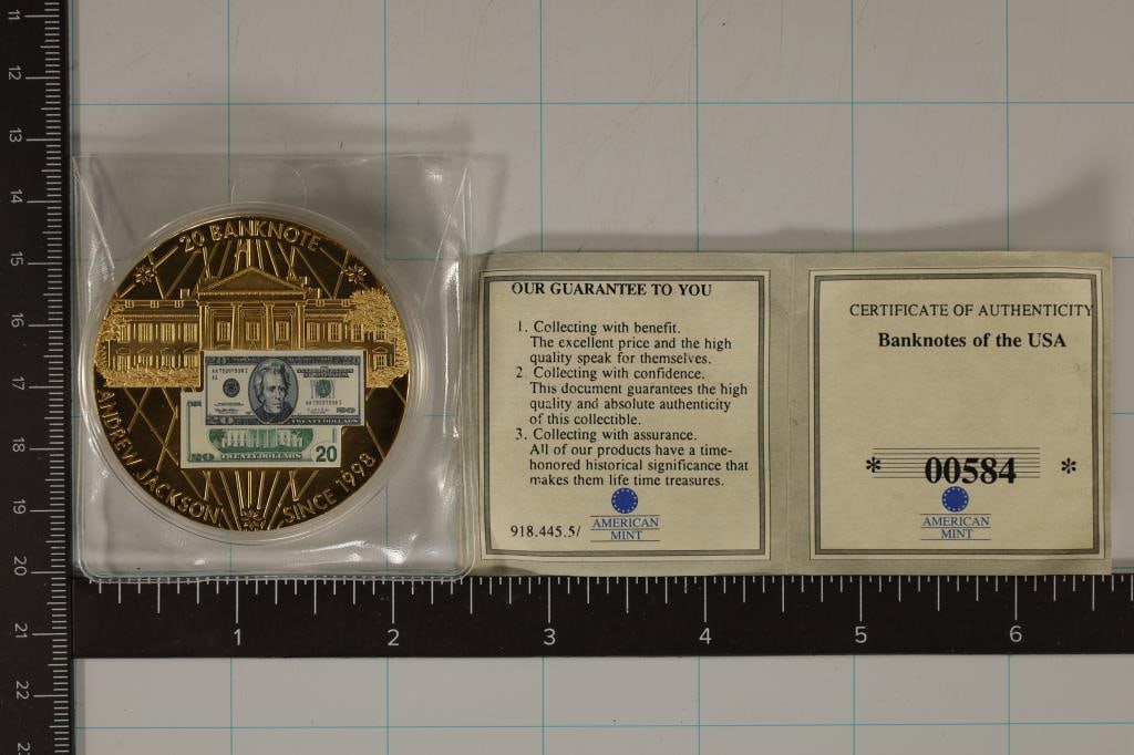 24KT GOLD LAYERED 2010 $20 BANK NOTE ANDREW: JACKSON, 54 GRAMS TOKEN. FROM THE BANK NOTE OF THE USA SERIES. BY THE AMERICAN MINT WITH CERTIFICATE, IN HARD PLASTIC CAPSULE