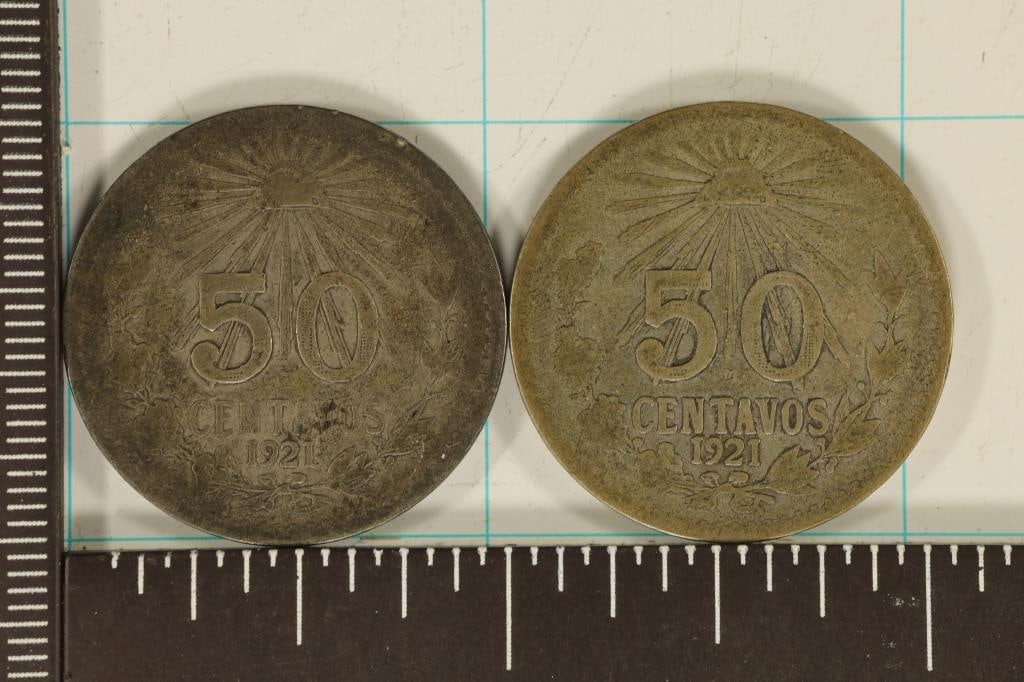 2-1921 MEXICO SILVER "CAP & RAY" 50 CENTAVOS (1 of 2)