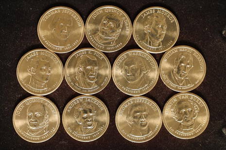 11 PRESIDENTIAL BRILLIANT UNC DOLLARS: JAMES: MONROE, WILLIAM HARRISON, THOMAS JEFFERSON, JOHN ADAMS, ANDREW JACKSON, JAMES POLK MARTIN VAN BUREN AND GEORGE WASHINGTON