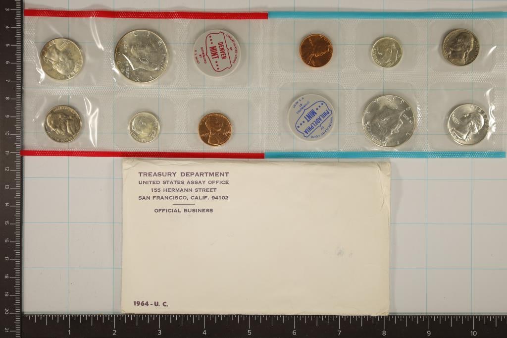 SILVER 1964 US MINT SET (UNC) P/D (WITH ENVELOPE) (1 of 2)