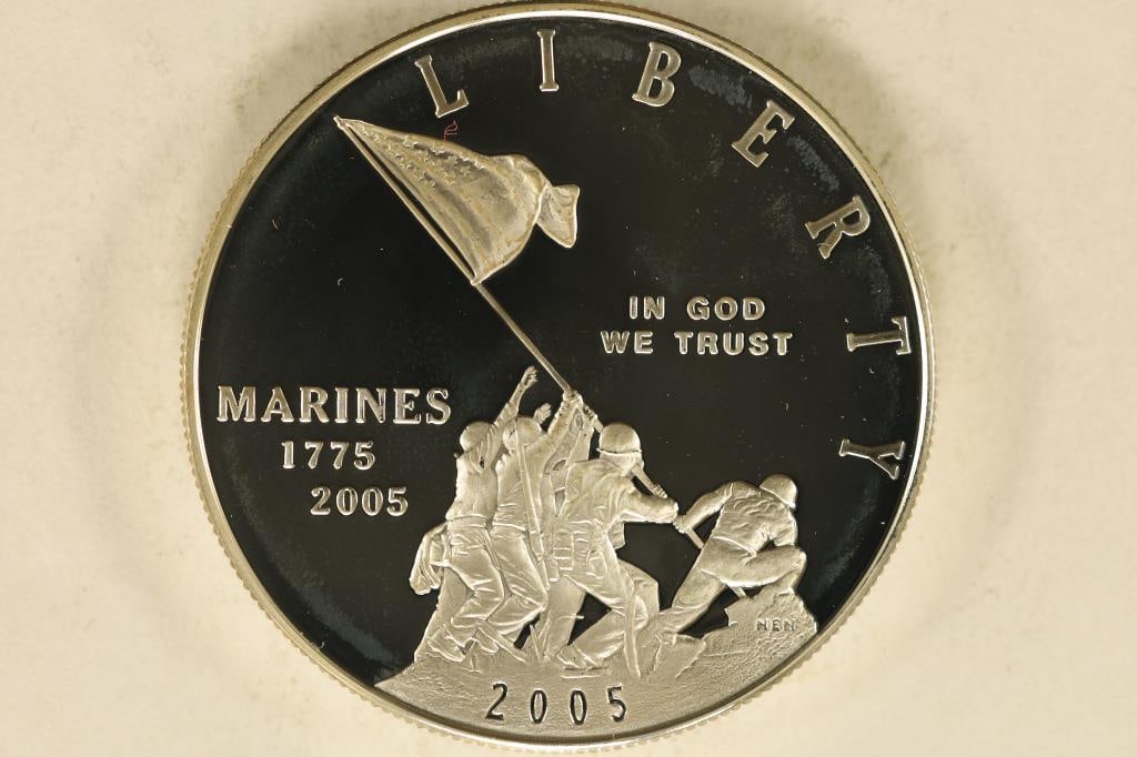 2005-P US PROOF SILVER DOLLAR "MARINES" IN HARD (1 of 2)