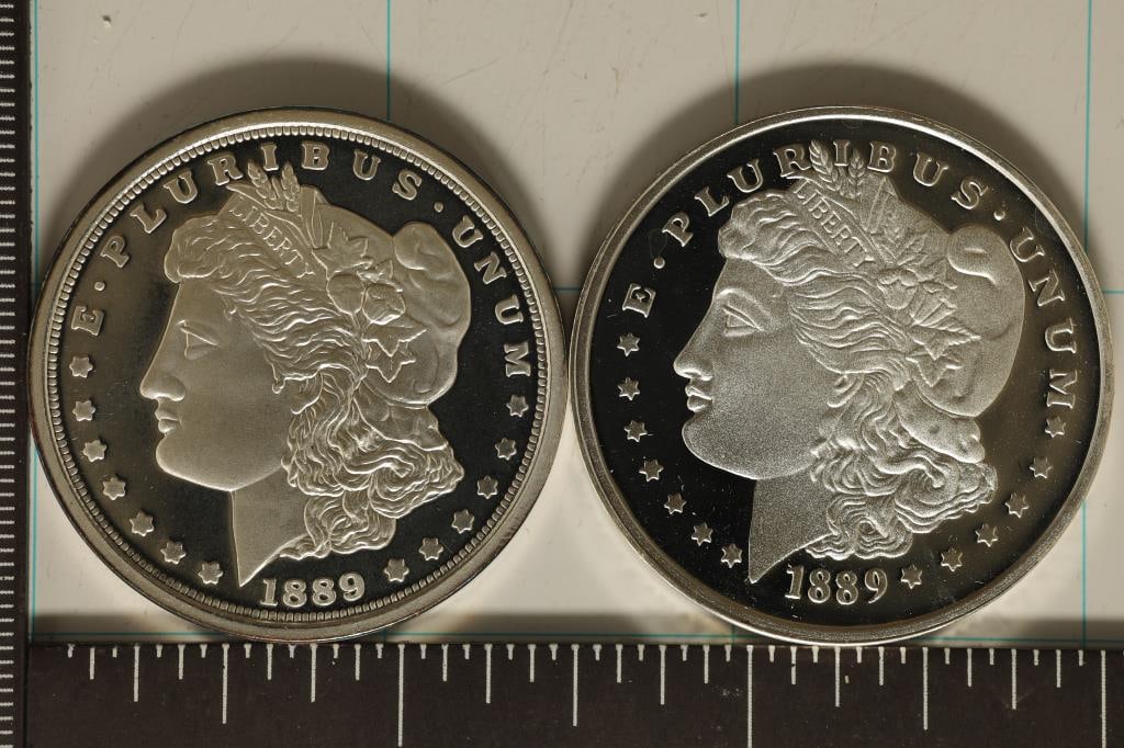 2 PROOF REPLICAS OF AN 1889-CC'S MORGAN SILVER $'S (1 of 2)