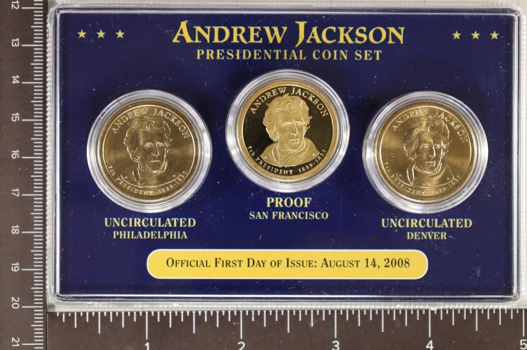 2008-P/D/S PRESIDENTIAL DOLLAR COIN SET: IN HARD PLASTIC CASE, 1ST DAY ISSUE "S'' COIN IS PROOF
