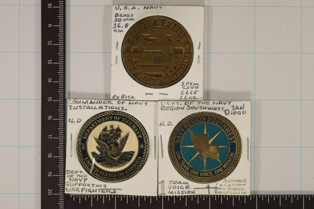 3-NAVY 1 1/2'' TOKENS: CRUISER DESTROYER GROUP 12,: REGION SOUTHWEST AND COMMANDER NAVY INSTALLATIONS