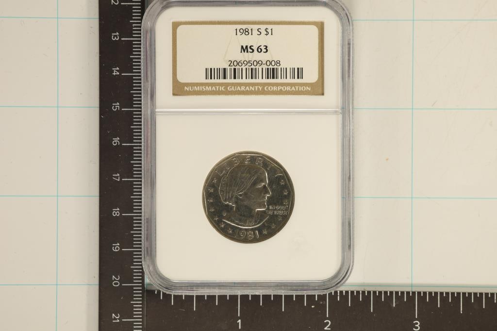 1981-S SBA DOLLAR NGC MS63: WATCH FOR OUR NEXT AUCTION ON (MONDAY JAN. 22ND, 2024) AT 7PM EASTERN TIME. THANKS FOR YOUR BUSINESS.